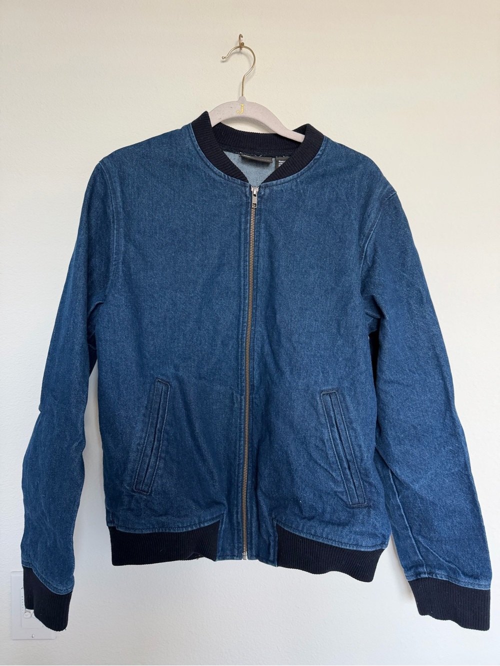 Vintage American Apparel Cotton Blue Denim Bomber Jacket with Black Ribbing